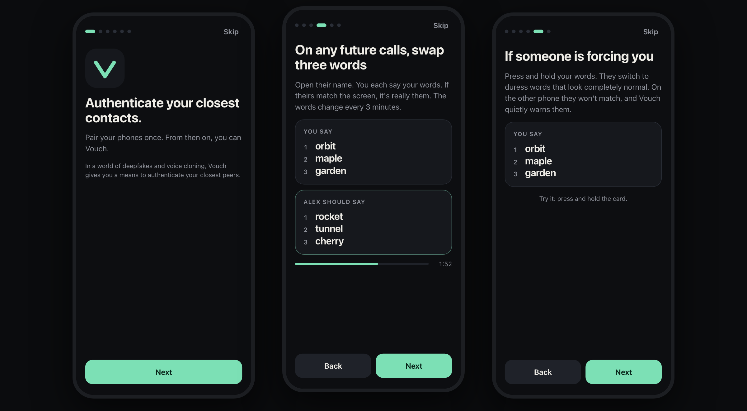 Vouch app screens: welcome, three-word codes, and duress words